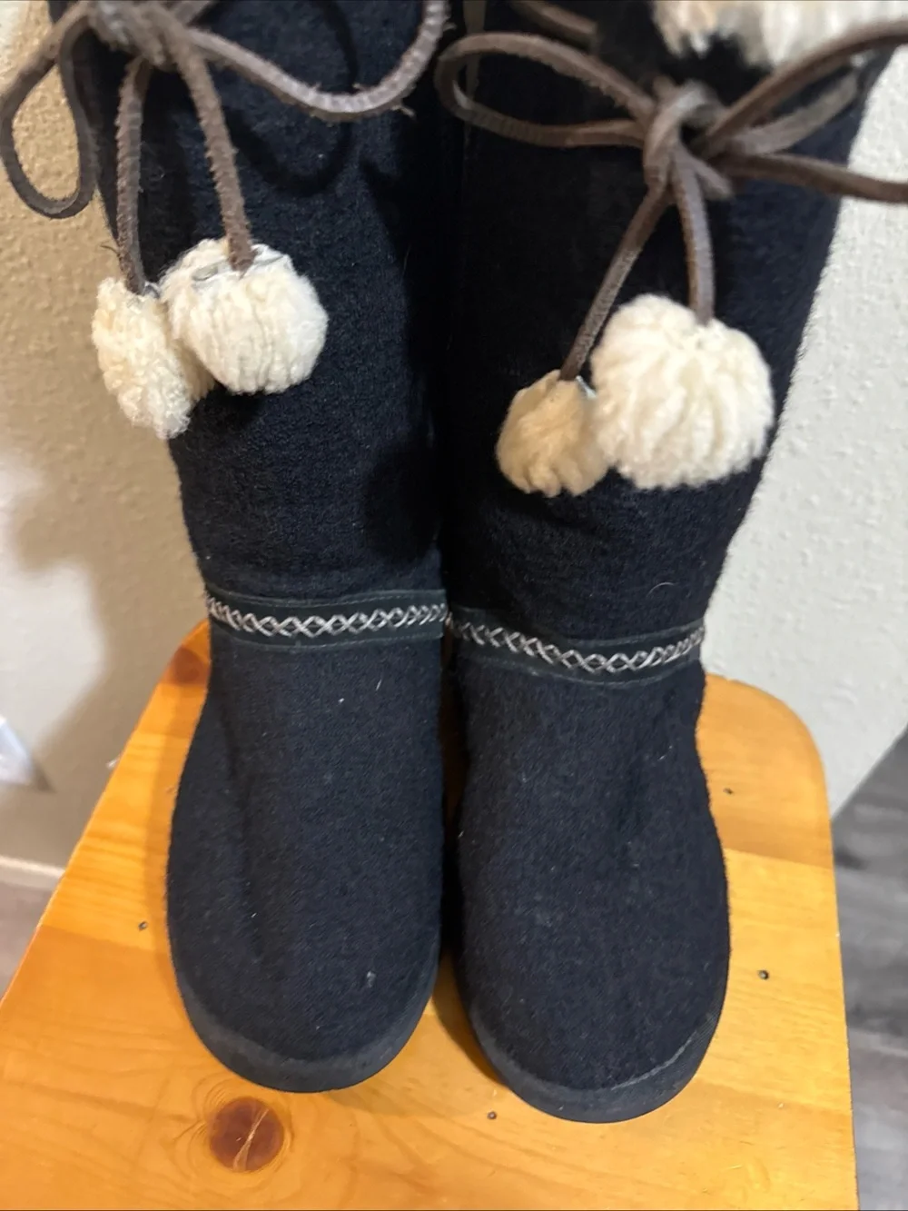 UGG Australia tall suede Black Winter Boots with Sherpa Trim and Pom Tie